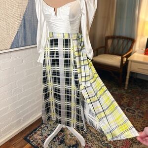 Topshop Green and Black Plaid Midi Skirt with Slit